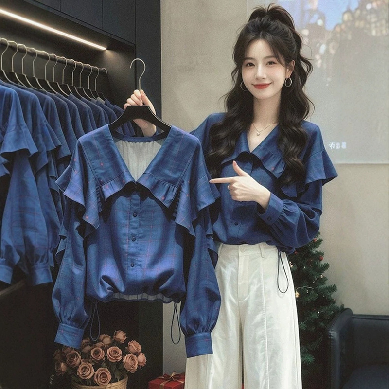 Vintage ruffled blue women's long-sleeve shirt, stylish and fashionable top for commuting and live streaming Vintage ruffled blue women's long-sleeve shirt, stylish and fashionable top for commuting and live streaming