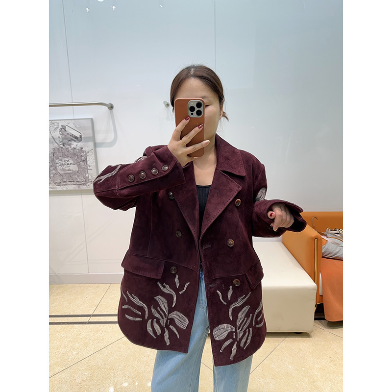 25秋装新品女三色真皮皮衣刺绣双排扣复古风百搭时尚修身高级感潮|undefined