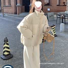 跨境羊羔毛拼接羽绒服女短款2025冬季新款小个子超好看90白鸭绒厚