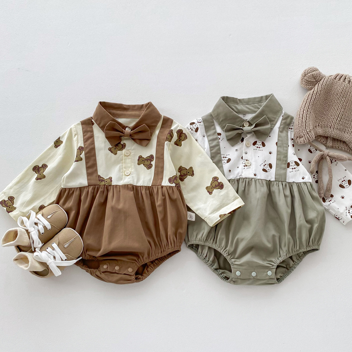 Mono del bebé otoño Niño de dibujos animados impreso ropa bebé recién nacido falso dos piezas Caballero pajarita camisa mameluco