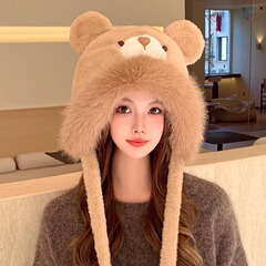 百搭毛绒套头帽小熊帽子女秋冬季2025新款可爱显脸小防风保暖护耳