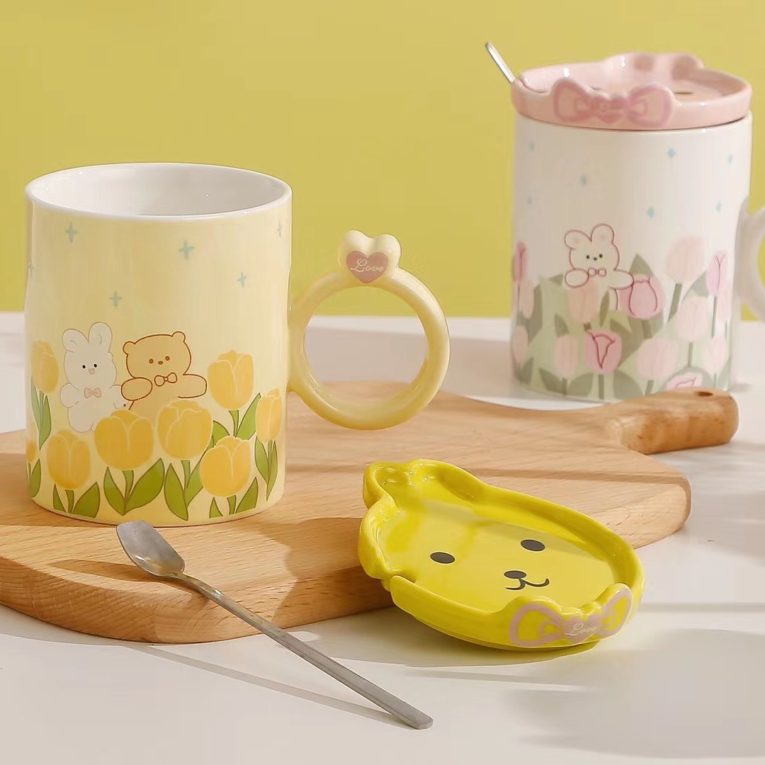 Creativo lindo conejo de dibujos animados taza tulipán flor fresca café con tapa cuchara chica corazón