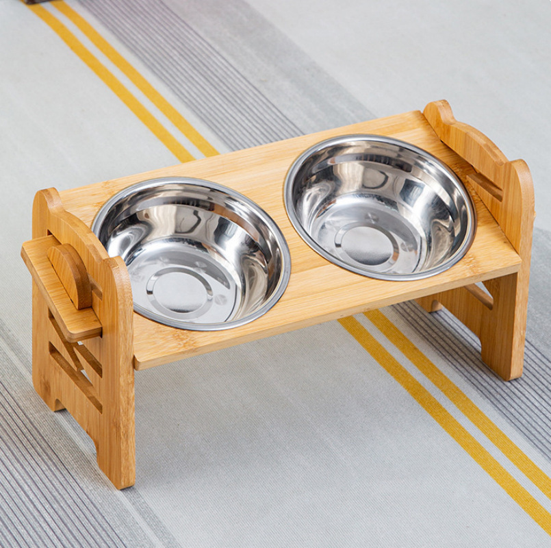 Comida de comida para perros de bambú y madera para mascotas, soporte de doble tazón, rack de alimentación, rack de comida de acero inoxidable para mascotas