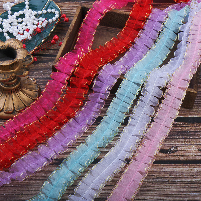 现货2.5cm双金边雪纱带褶皱鱼骨饰品玩具服装工艺DIY配件打折花边