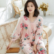 丝光棉睡衣女印花两件套秋冬季长袖长裤亲肤透气可外穿女士家居服