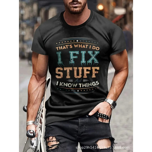 Mesh Short Sleeve 3D Digital Printing Fashion Letter Print European and American Crew Neck Men's Summer T-shirt Men's Top