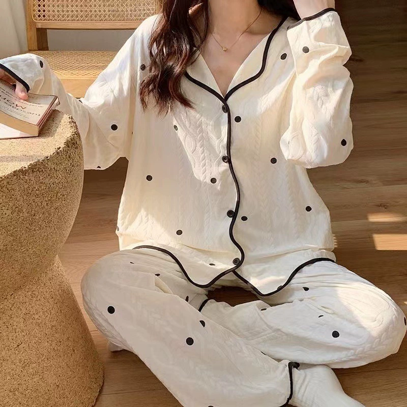 2025 новые пижамы для женщин весна-осень длинный рукав большой размер свободный осенний популярный стиль мелкий волночек точка домашний комплект