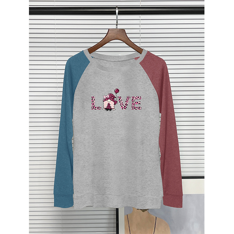 Summer round neck patchwork long sleeved t-shirt, women's LOVE Valentine's Day printed top_voghion.com