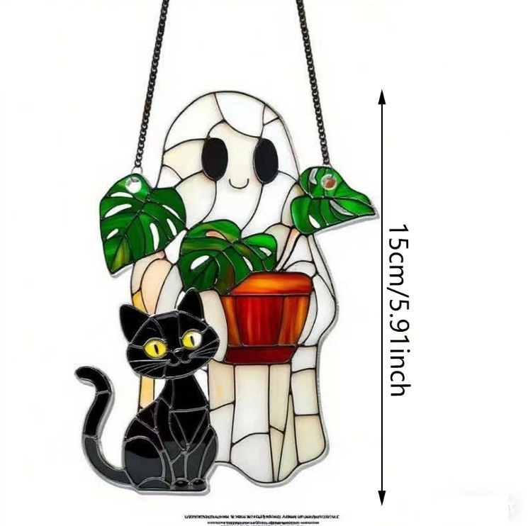 跨境新品万圣节猫咪鬼魂太阳捕手小幽灵2D平面亚克力节日氛围挂饰|undefined