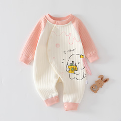 秋冬嬰兒連體保暖中厚三層空氣棉寶寶衣服0-12個月爬服偏扣護肚春