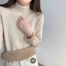 冬简约设计加厚加绒韩版卷边半高领一体绒内搭保暖针织打底衫毛衣