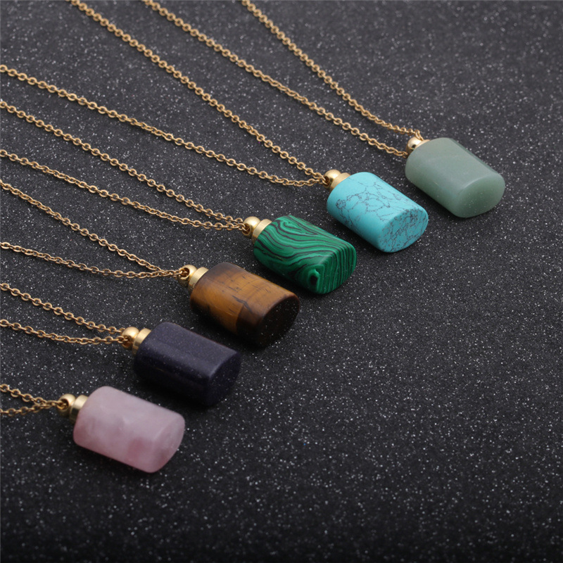 Fashion semi-precious stone flat cylindrical perfume bottle necklace
