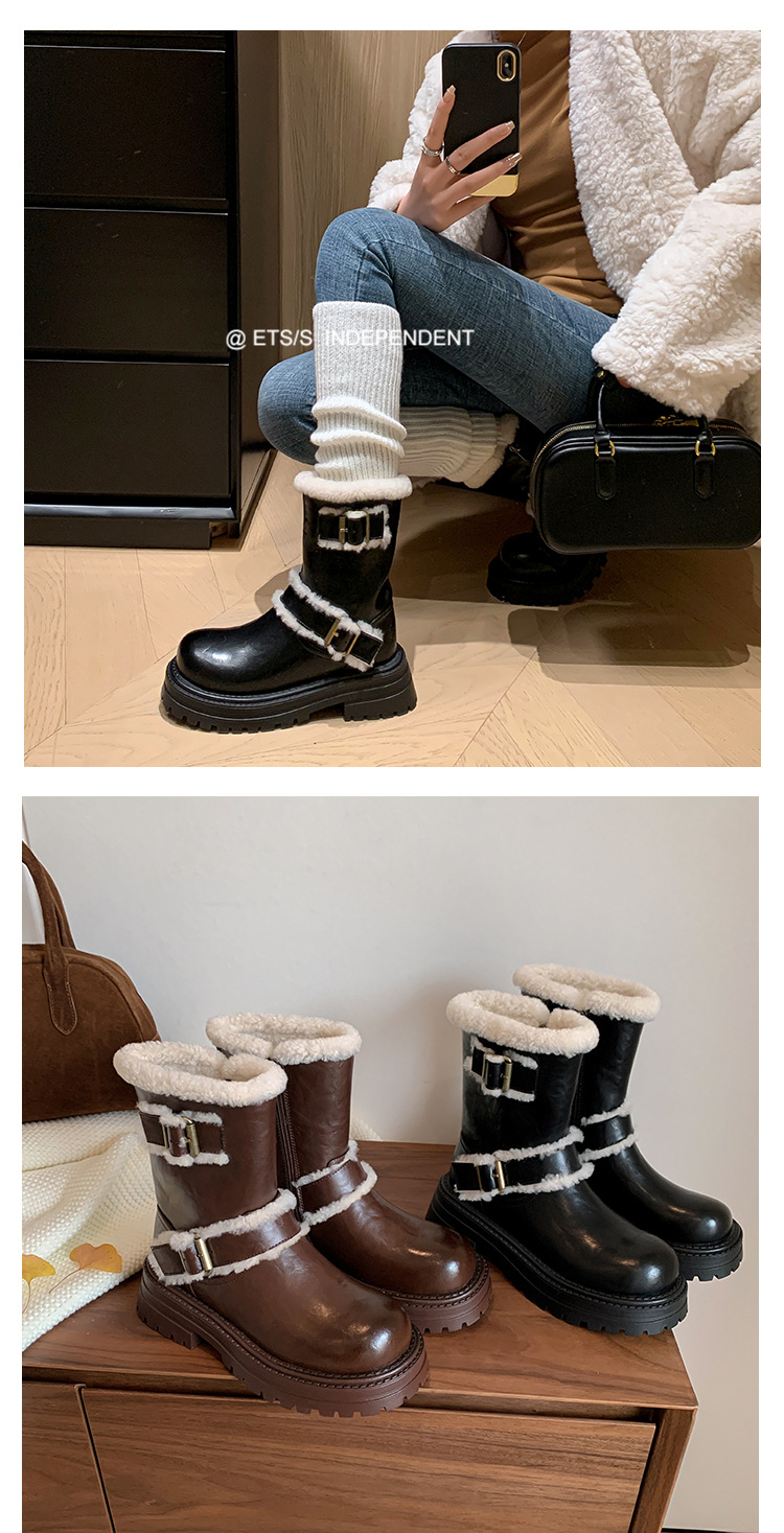 Boot tuyết nữ cổ thấp đế dày phong cách Anh, có khóa thắt lưng, lót lông ấm — màu đen chi tiết 17