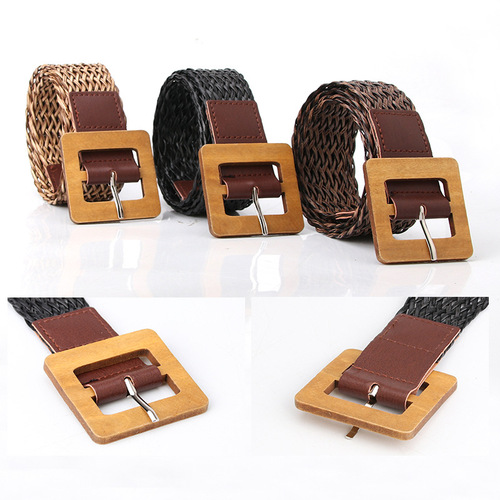 Women's simple ins style wooden buckle retro woven belt Korean style fashion dress decorative belt women's girdle