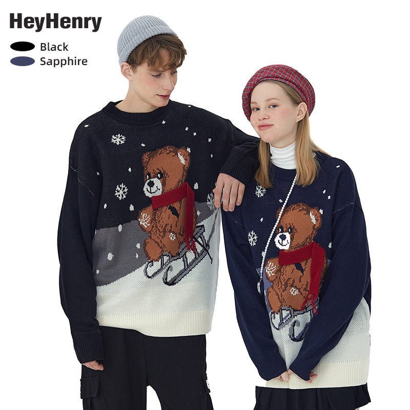 Heyhenry Christmas Knitwear Bear Snowflake Cartoon Knitwear Couple Autumn and Winter New Age-Reducing Knitwear for Men