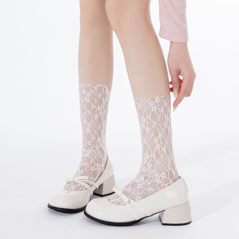 Calcetines de tubo de pila de malla fina de verano Calcetines de encaje blanco lolita para mujer Calcetines de malla estilo ballet miu