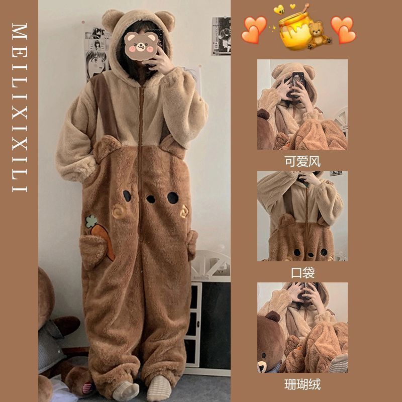 Processed Customized Pajamas for Women 2025 New Cute Bear Coral Velvet One-Piece Winter Thickeneded One-Piece Nightgown