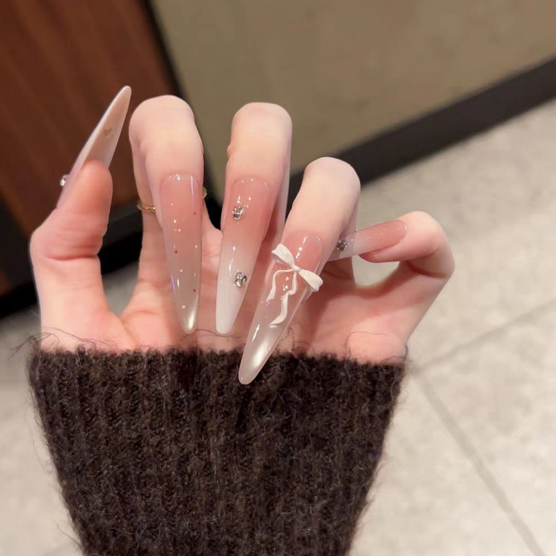 10-Piece Set of Fairy-Like Gentle and Fairing Ice-Transparent Long-Pointed Cat-Eye Polka Dot Three-Dimensional Bow Polka Dot Wearable Nails 10-Piece Set of Fairy-Like Gentle and Fairing Ice-Transparent Long-Pointed Cat-Eye Polka Dot Three-Dimensional Bow Polka Dot Wearable Nails