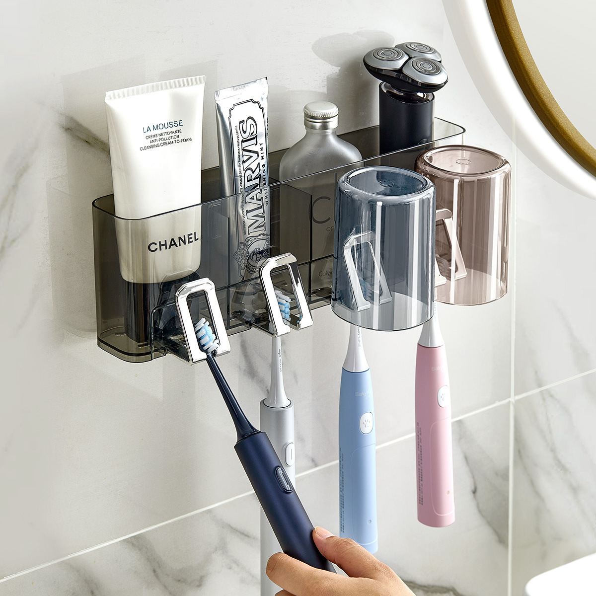 cepillo de dientes estante de almacenamiento sin agujeros taza de cepillo de dientes taza de enjuague colgante de pared estante de pared tipo baño eléctrico conjunto doméstico