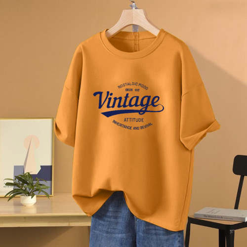 2025 Trendy Recommendations 100% Cotton Women's Vintage American Style Crew Neck T-shirt Baseline Shirt Versatile Casual Slimming Top