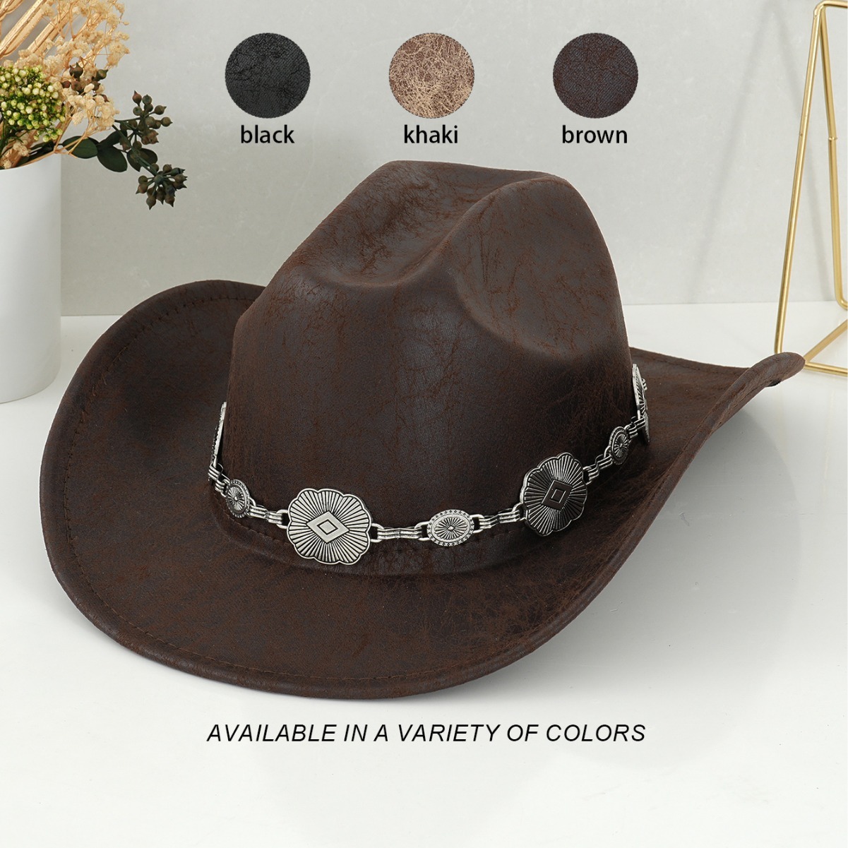 Men's and women's PU leather retro soft-brimmed denim hat metal three-dimensional sawtooth diamond accessories western riding ranch