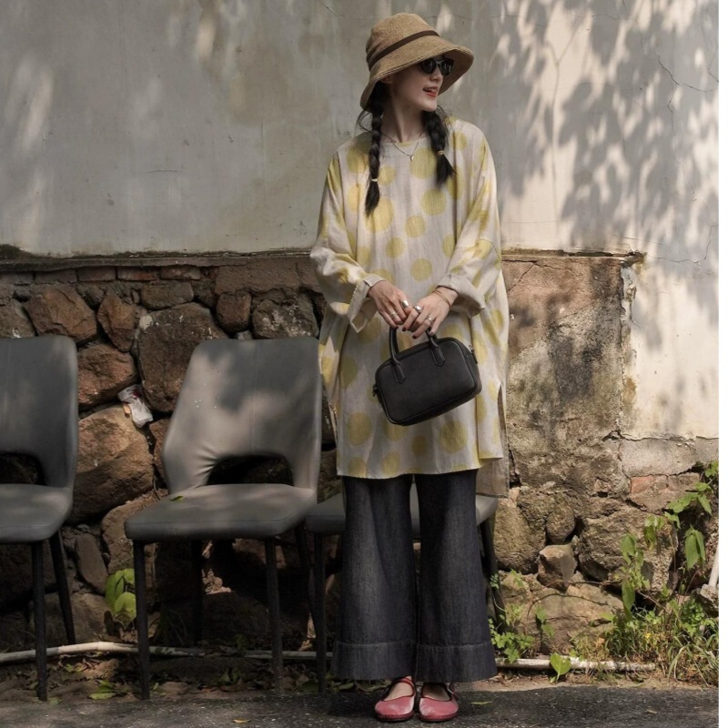 2026 Autumn Artistic Loose Plus Size Women's Mid-Length Slit Layered Robe Polka Dot Long Sleeve Shirt Dress 2026 Autumn Artistic Loose Plus Size Women's Mid-Length Slit Layered Robe Polka Dot Long Sleeve Shirt Dress