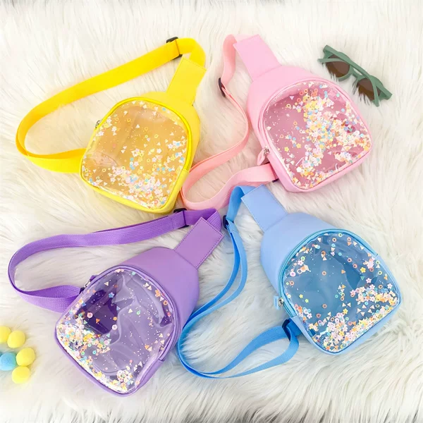 New Solid Color PU Leather Children's Chest Bag Cute Sequin quicksand Lightweight Shoulder Bag Simple Crossbody Bag Coin Purse Trendy
