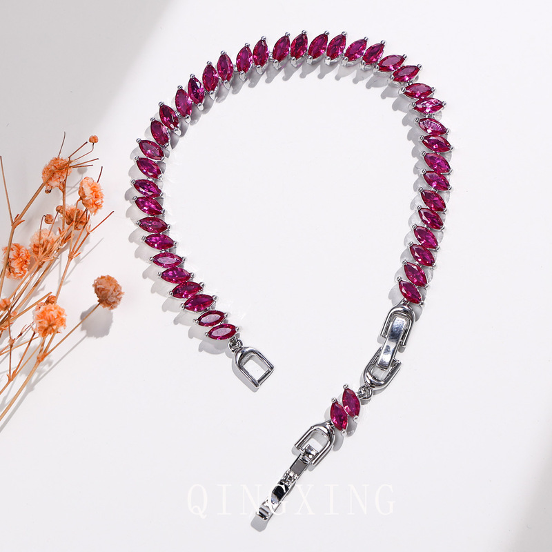 Fashionable Leaf-Shaped Marquise Red Corundum Bracelet Synthetic Ruby Tennis Chain Light Luxury Versatile Women's Jewelry Wholesale in Stock