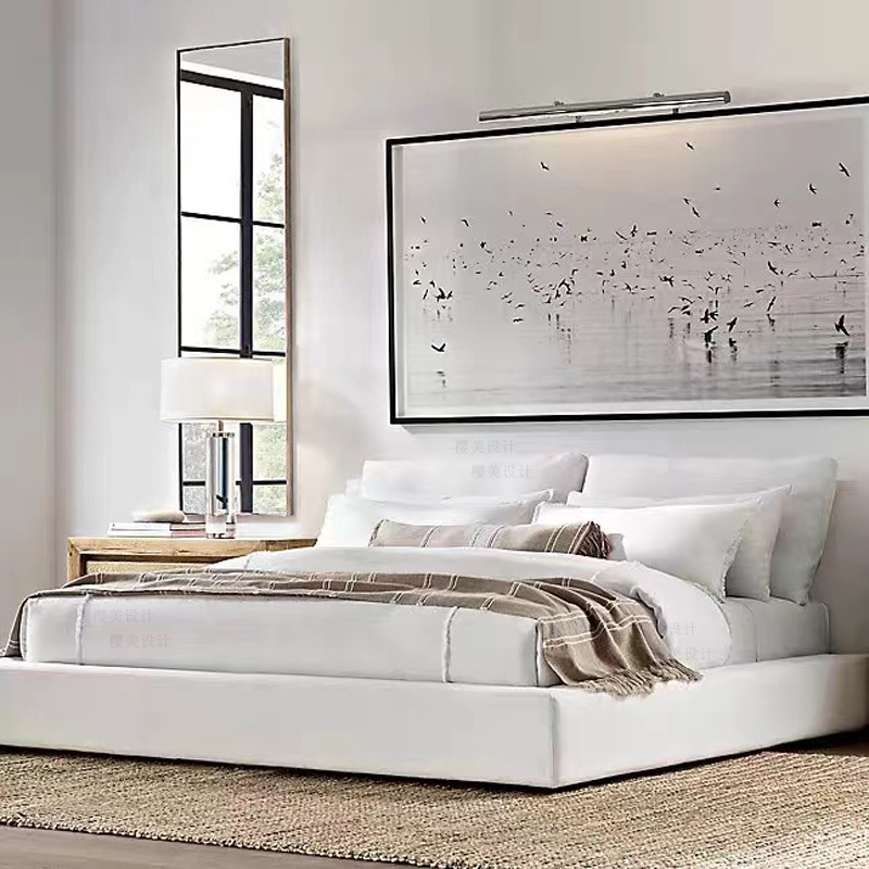 Italian Minimalist Guesthouse Fabric Bed, Nordic Modern, Washable, Solid Wood Double Bed, American Style RH Master Bedroom Low-Back Bed