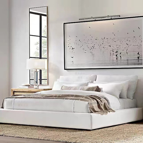 Italian Minimalist Guesthouse Fabric Bed, Nordic Modern, Washable, Solid Wood Double Bed, American Style RH Master Bedroom Low-Back Bed