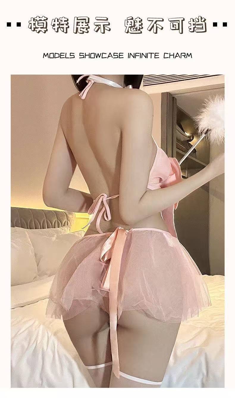Pink Bow Three-Piece Lingerie Set with Mesh Overlay, Collar Bell and White Tights — detail image 10