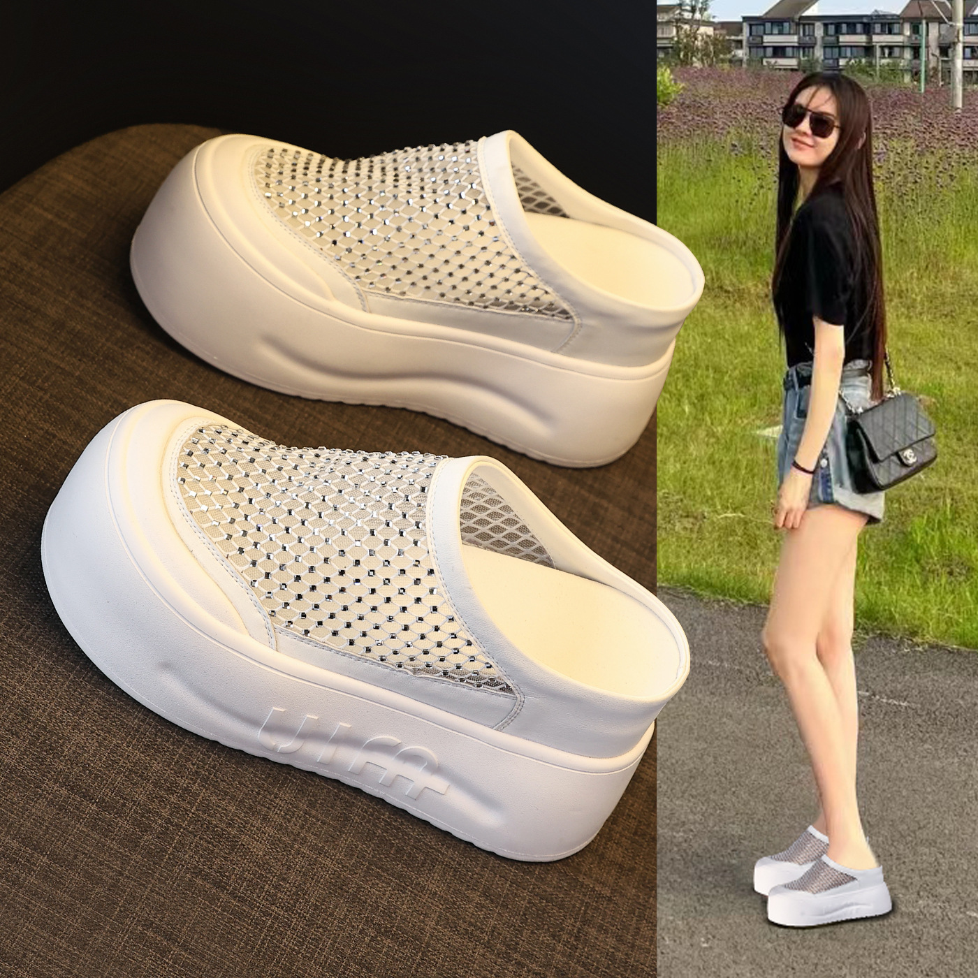 Dép sandal nữ đế dày tăng chiều cao, mũi kín đính đá rhinestone, phong cách bánh xốp mùa hè — màu đen, màu trắng