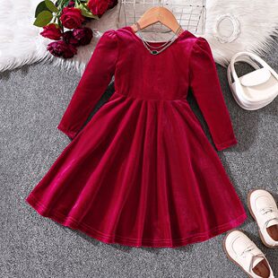 EW foreign trade children's clothing new girls autumn and winter velvet bow Christmas princess dress