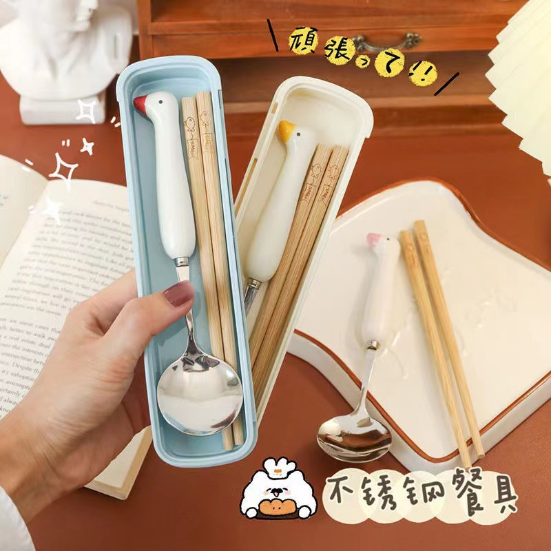 創意網紅卡通不鏽鋼勺子鵝頭餐具套裝便攜仿瓷柄萌貓爪勺叉高顏