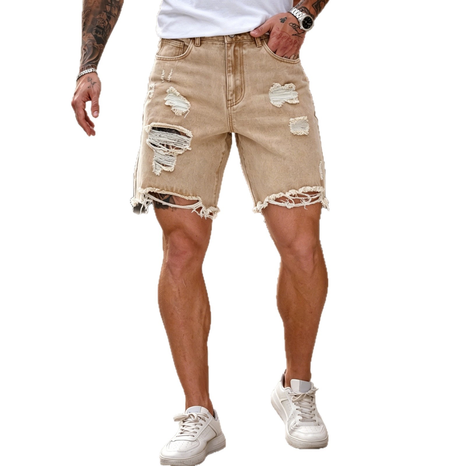 Khaki Denim Shorts For Men Distressed Details Frayed Edges Casual Five Point Design Summer Fashion American Style_mkmklike.com