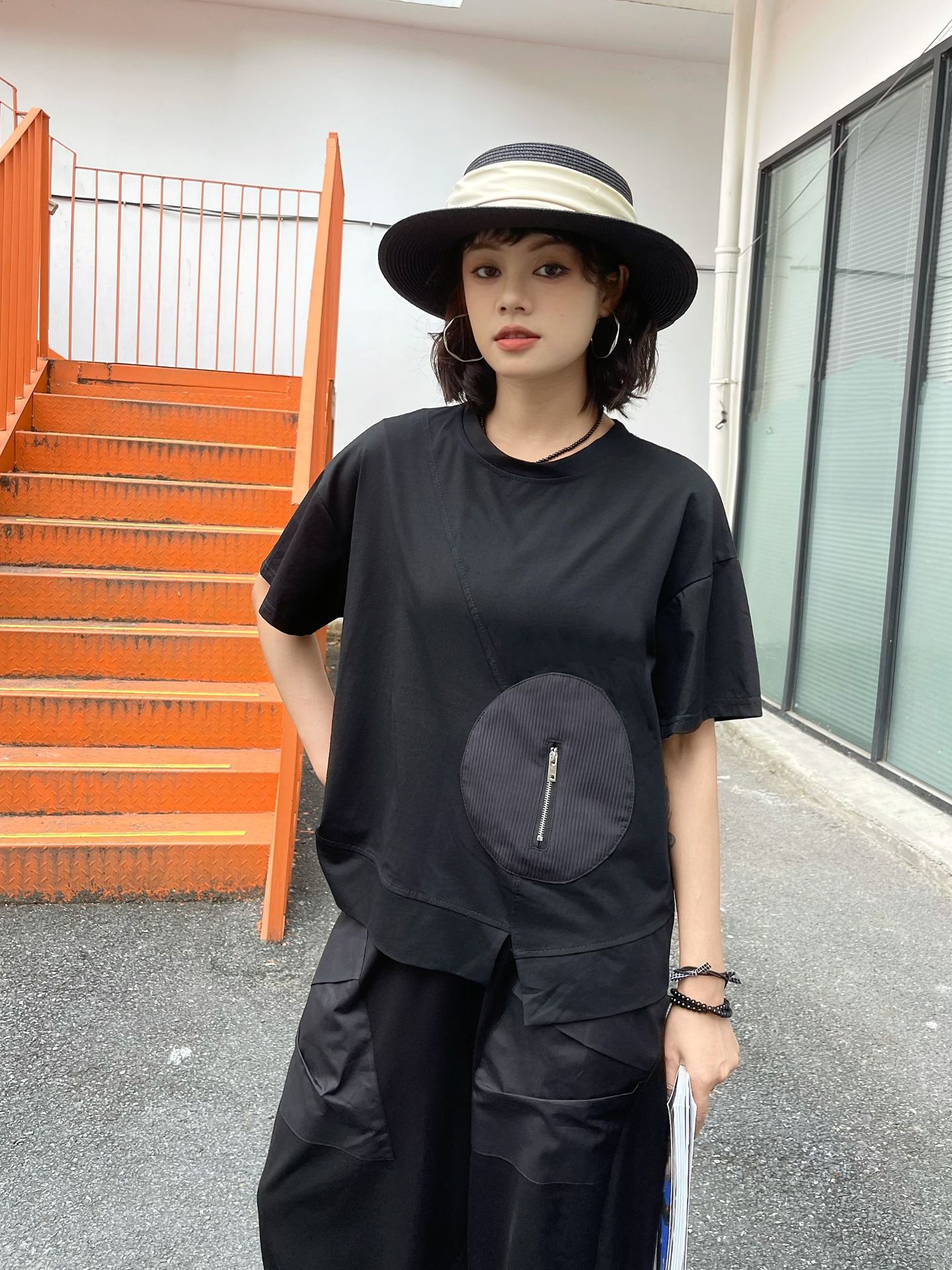 250373暗黑系山本风潮女装夏季新款不规则口袋拉链圆领短袖T恤潮 pic 6