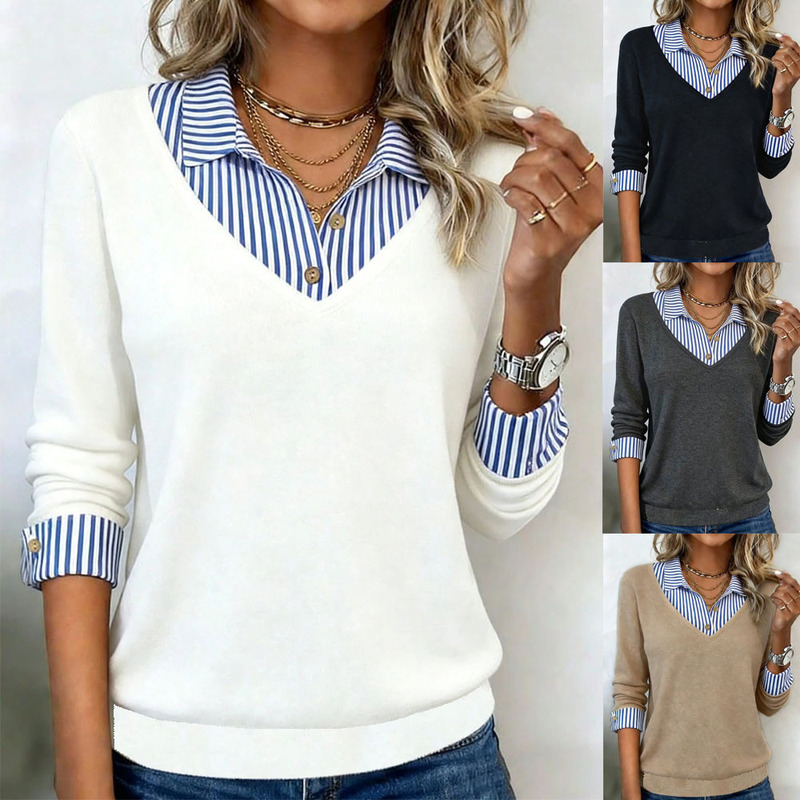 Amazon 2026 European and American style autumn/winter new collection: striped patchwork long-sleeve V-neck T-shirt, knitted top, women's clothing for cross-border sales Amazon 2026 European and American style autumn/winter new collection: striped patchwork long-sleeve V-neck T-shirt, knitted top, women's clothing for cross-border sales