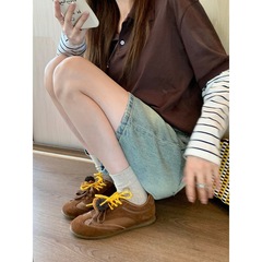牛皮版~葡萄妈同款内增高3cm撞色鞋带圆头松果休闲运动鞋女德训鞋