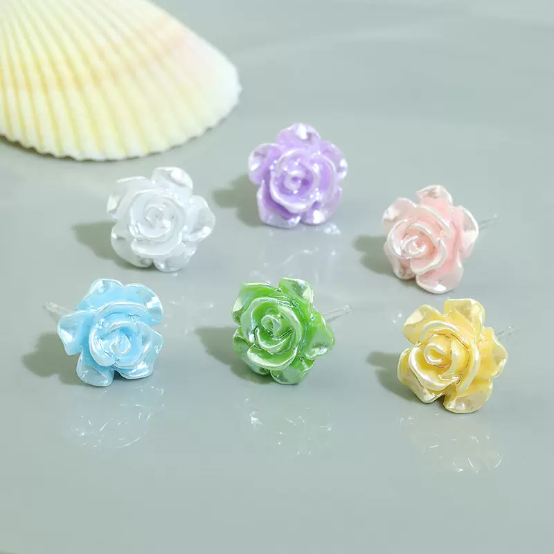 森系晕染玫瑰花树脂耳钉清新自然耳夹小众高级感百搭日常简约耳饰