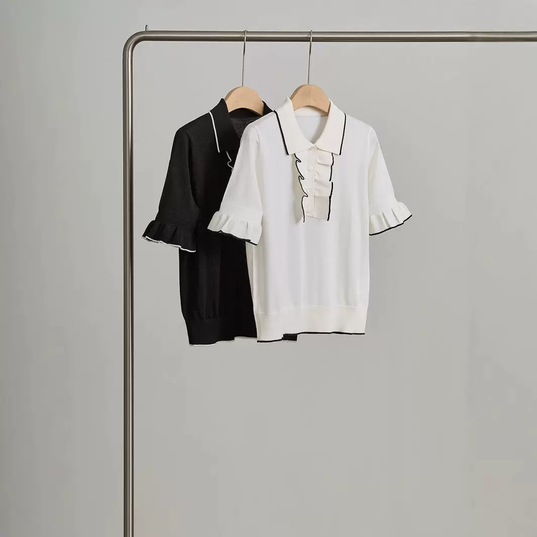 夏季桑蚕丝法式POLO领针织T恤 荷叶百年泡泡短袖气质绵羊毛上衣女