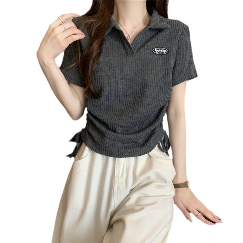 Large size American front shoulder polo neck short sleeved t-shirt for women 2024 new summer chubby mm top design_voghion.com