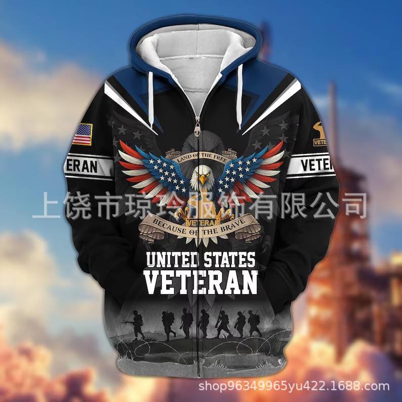 全身印花老兵拉链连帽卫衣白头鹰卫衣美国国旗连帽衫老兵男士礼品