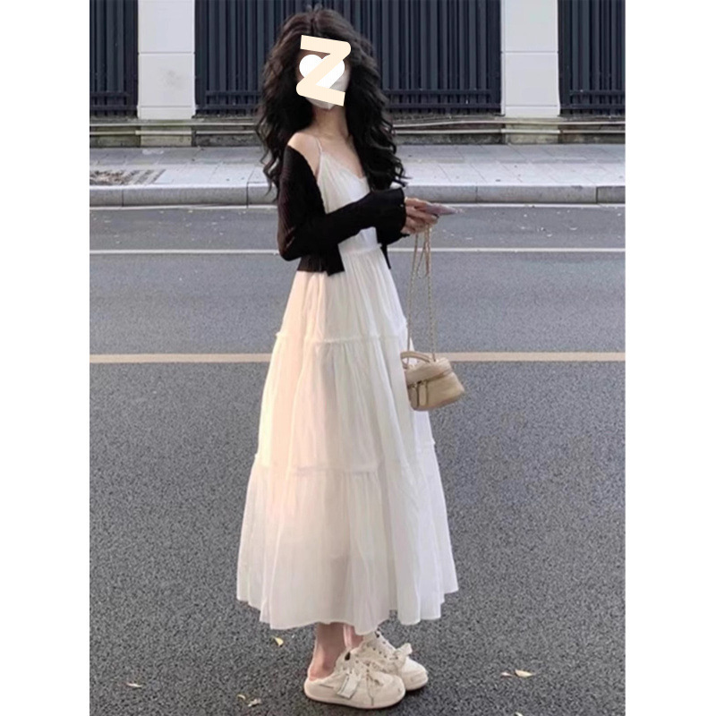 白色吊带连衣裙子夏装搭配一整套小个子韩系茶系穿搭淑女气质套装