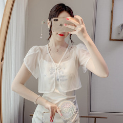 新しい中国風のアウターカーディガン 2025 新しい女性の夏のサスペンダースカート日焼け止め半袖ショールグリッターメッシュボタンブラウス
