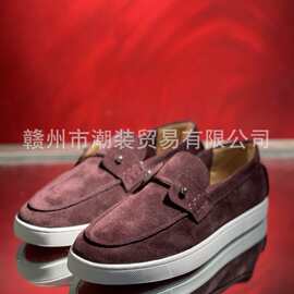 cl andgz酒红牛皮低帮红底鞋男鞋圆钉扣一脚蹬铆钉鞋情侣款休闲板