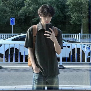 美式男款复古鱼骨纹POLO衫短袖夏季老钱风宽松上衣服潮牌半袖T恤