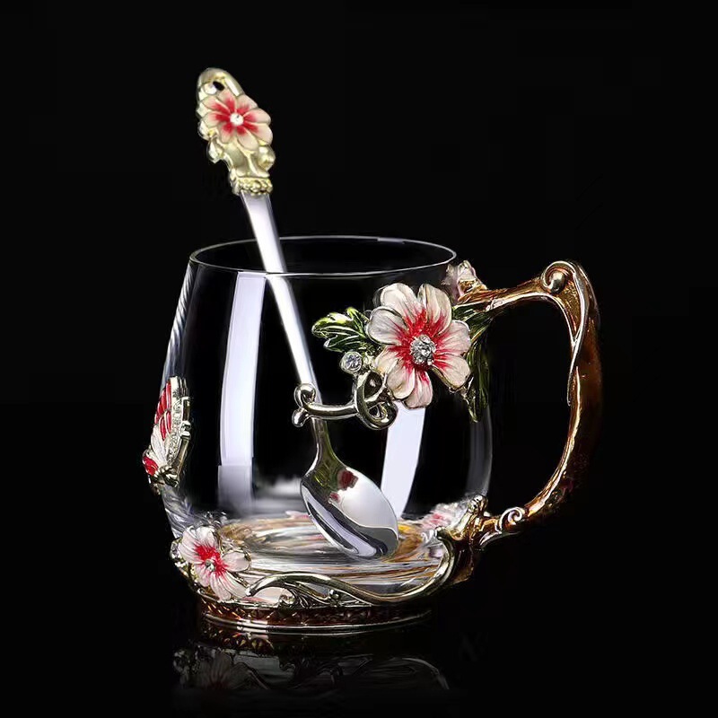 花茶杯礼咖啡杯早餐牛奶批发会销珐琅彩女圆形家用玻璃水杯果汁杯|undefined