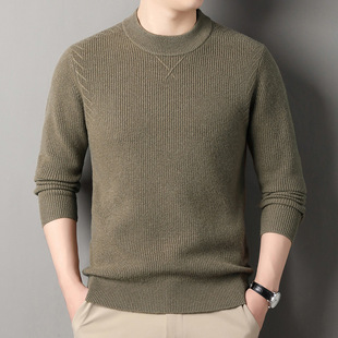 Middle-aged men's cashmere crew neck sweater 2024 autumn and winter new warm pullover casual solid color jacquard knit