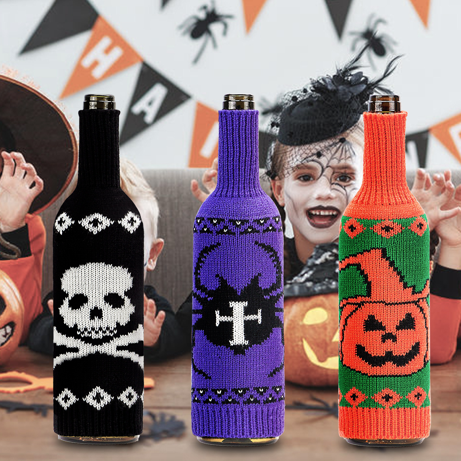 Halloween transfronteriza nueva botella de vino cubierta cráneo calabaza de punto champán botella de vino tinto bolsa mesa de comedor atmósfera decoración suministros