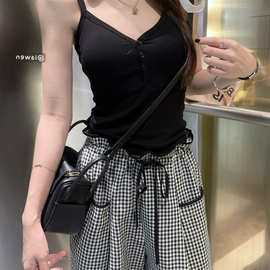 夏季薄款2024新款高腰垂感慵懒休闲直筒花苞阔腿裤子黑白格子裤女